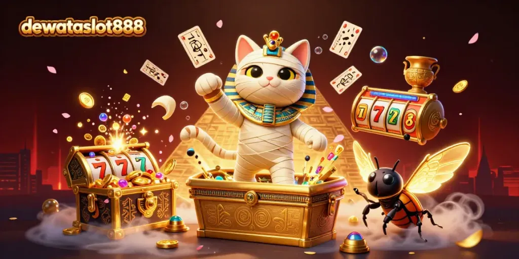 Gambarkan momen menarik di dewataslot888 dengan kucing mummy keluar dari peti harta karun emas dan kartu bermain kuno.