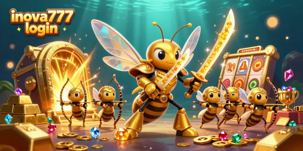 Experience dynamic gameplay with inova777 login, as a golden hornet samurai battles amidst treasures and slot reels.