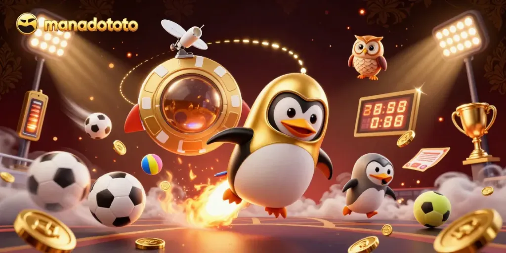 Experience manadototo thrillingly, observing a golden penguin navigating a casino-themed space, surrounded by vibrant sports.