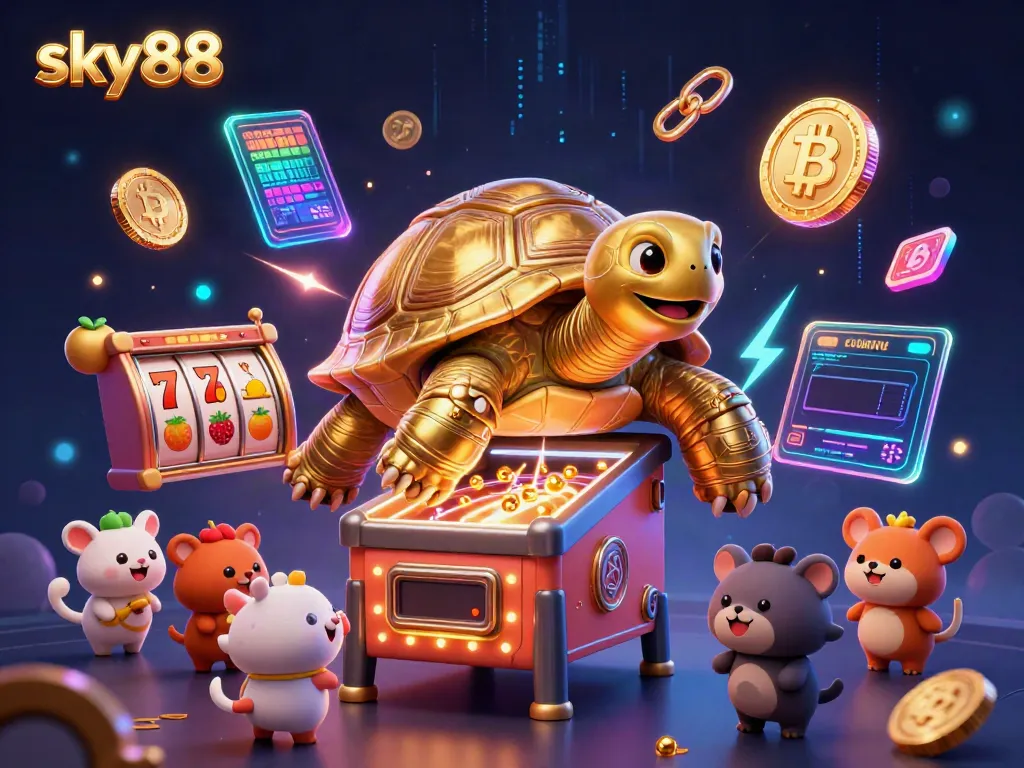 Experience the vibrant world of sky88 with a golden tortoise pinball machine amidst neon-lit casino elements.