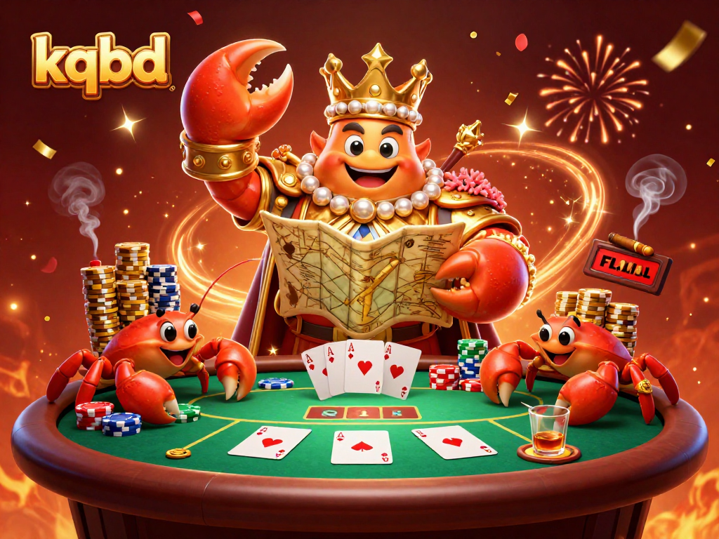 KQBD updates real-time sports scores with a golden crab emperor overseeing an engaging poker scene.
