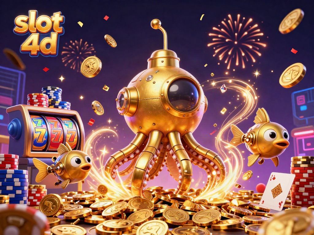 Menggulung slot 4d dengan koin emas, ikan mekanik, dan kartu remi dalam suasana meriah