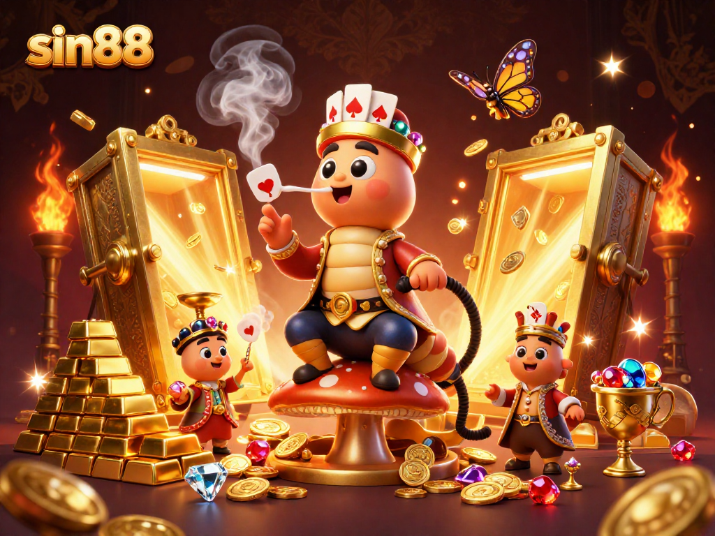 Experience thrilling gameplay with sin88, where a vibrant caterpillar and opulent treasures create a stunning casino atmosphere.