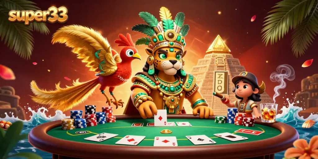 Experience the excitement with super33 as the jaguar priest plays poker with vibrant casino elements.