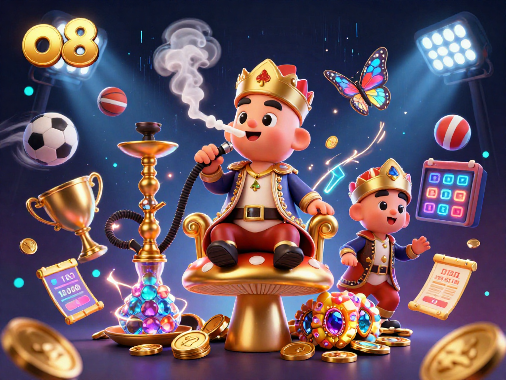 Experience thrilling gaming with o8 as a vibrant caterpillar master creates smoke rings shaping poker hands amidst dynamic sports elements.