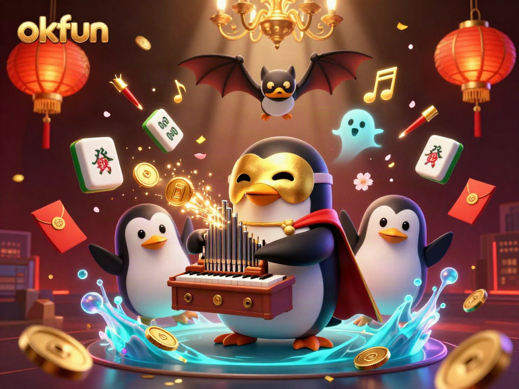 Play casino games with okfun while enjoying a vibrant 3D illustration featuring a penguin and acrobat.