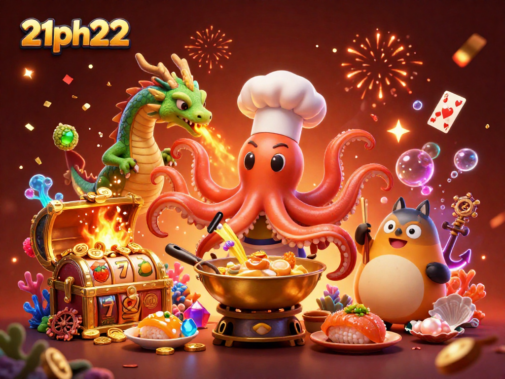Experience the thrill of 21ph222 with a vibrant illustration of a sushi chef octopus and his dragon companion.