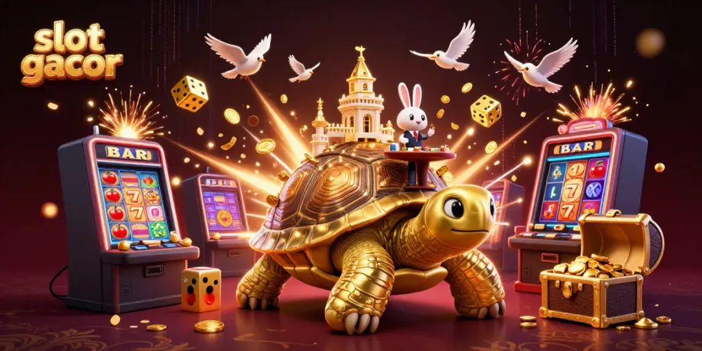 Experience the thrill of slot gacor with a golden tortoise casino illustration bursting with joy and jackpots.