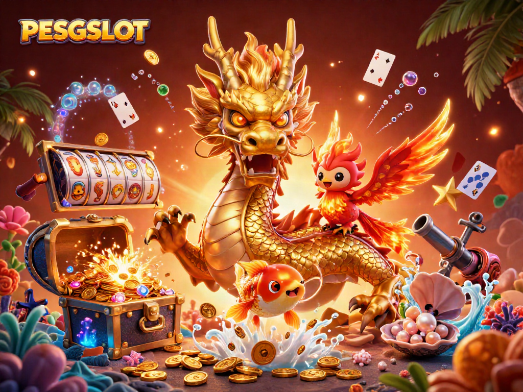 PESGSLOT showcases dynamic gaming with a golden dragon, phoenix, and koi fish in a vibrant slot scene.