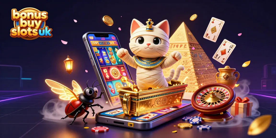 Experience bonus buy slots uk through a dynamic scene featuring a mummy cat and casino elements.