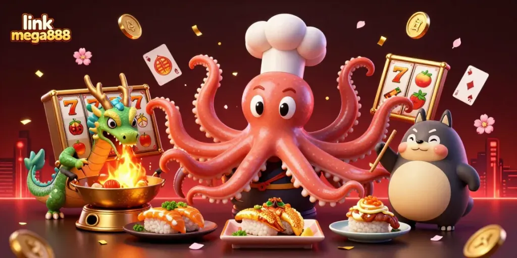 Engage with link mega888 through a vibrant, detailed illustration of a dynamic casino scene featuring an octopus chef.