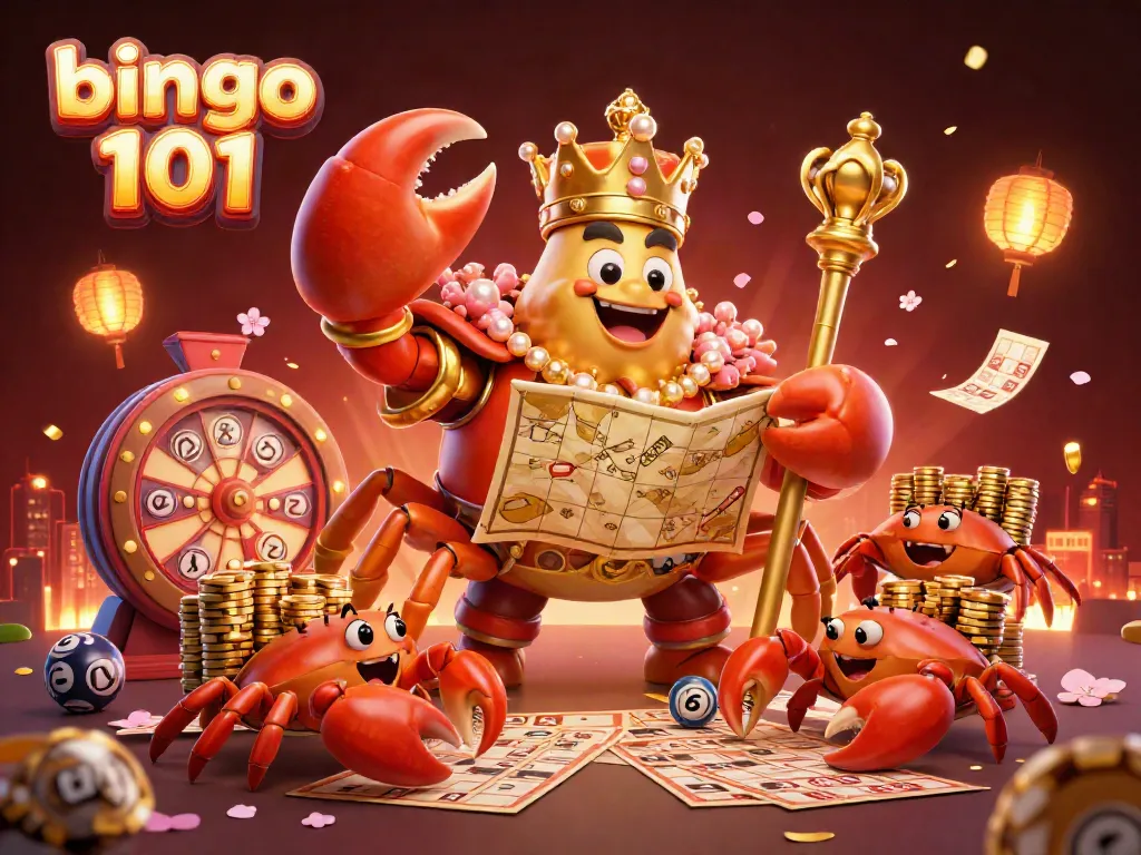 Bingo 101 features a vibrant scene with 3D crabs and bingo games showcasing excitement and winning rewards.