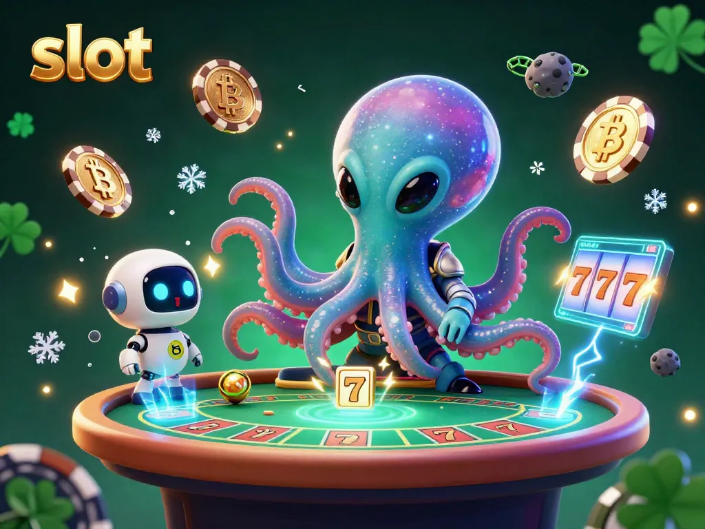Experience thrilling slot action with a cosmic octopus at a holographic poker table, surrounded by crypto coins.