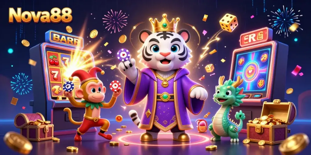 Join the action with Nova88's vibrant casino scene featuring playful characters and exciting game elements.