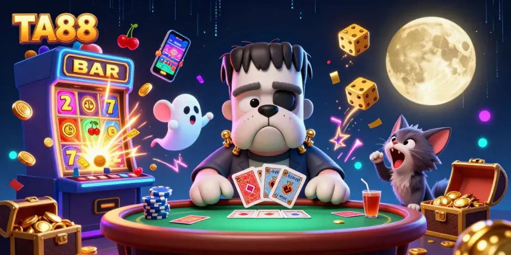 Experience thrilling casino action with TA88, featuring vibrant characters and jackpot elements.