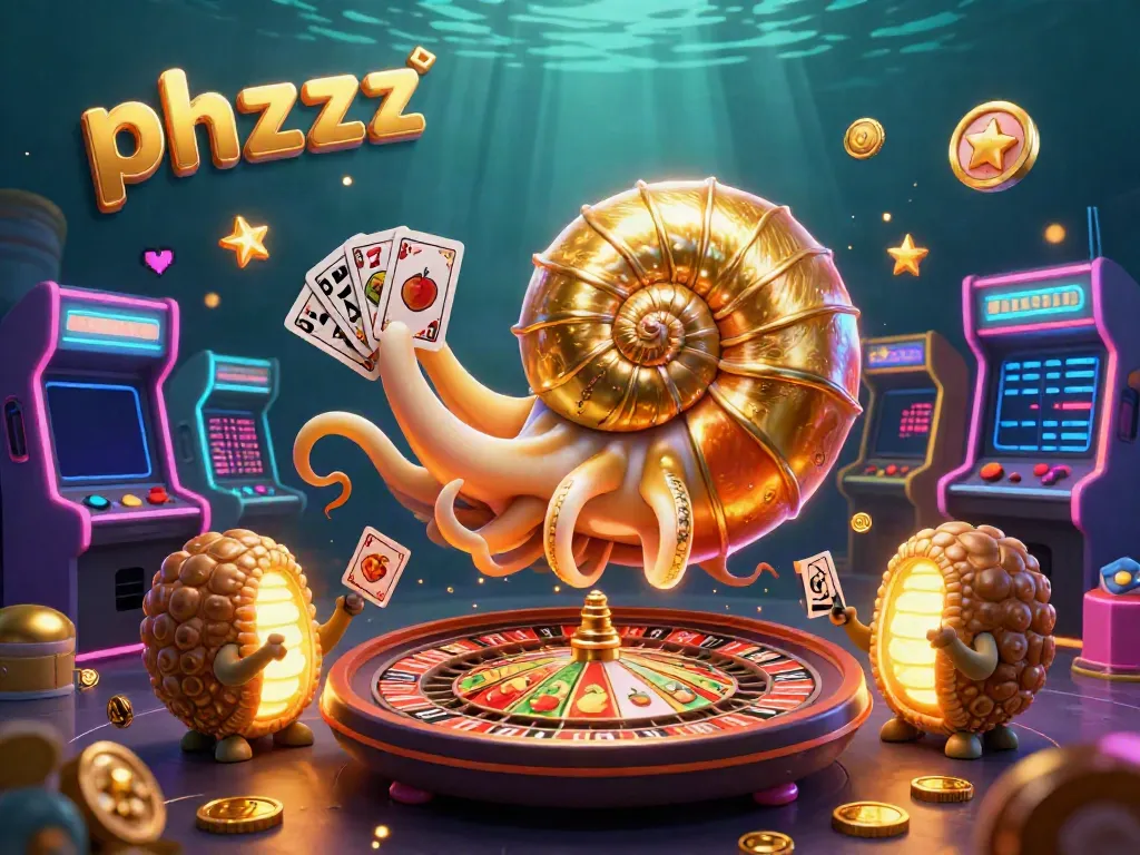 Experience phzzz thrills with a nautilus roulette and glowing ammonites in a vibrant casino scene.