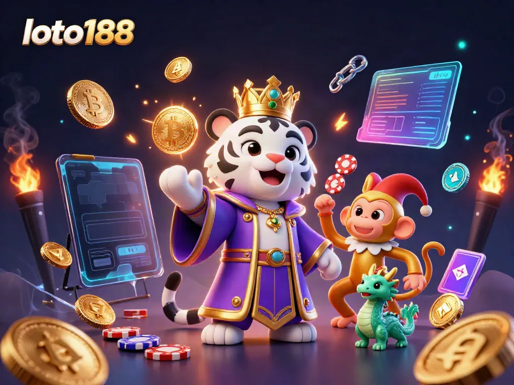 Experience captivating games at loto188 with a tiger, monkey, and jade dragon amidst vibrant casino elements.