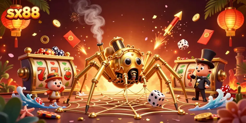 Sx88 ignites winning strategies with steampunk characters and vibrant casino elements in a dynamic gaming scene.
