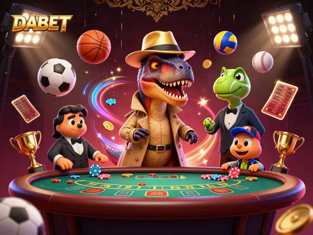 DABET players strategizing at a blackjack table with vibrant 3D characters and dynamic casino elements.