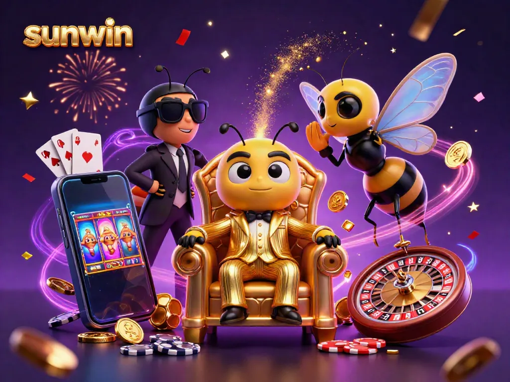 Experience sunwin's casino magic with a bumblebee mob boss amidst dazzling slot games and vibrant casino elements.