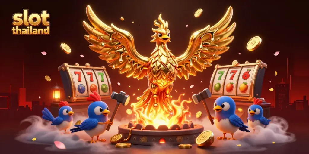 Experience thrilling action with the golden phoenix in slot thailand, surrounded by dynamic slot game elements.