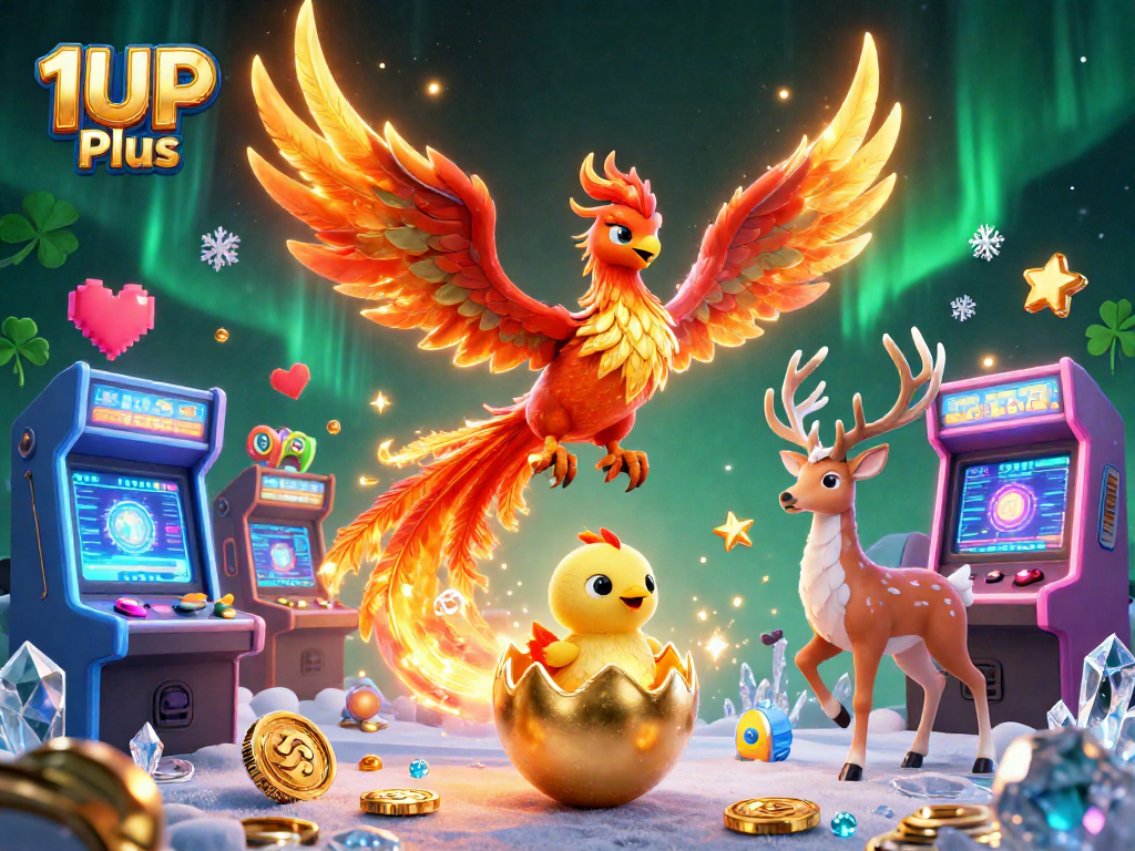 Play exciting games in 1UP Plus, featuring a vibrant casino-themed phoenix illustration.