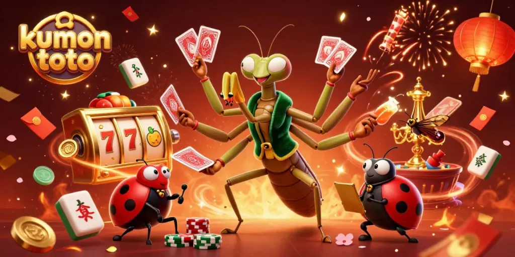 Engage in kumon toto excitement with a vivid casino scene featuring a mantis dealer and vibrant slot elements.