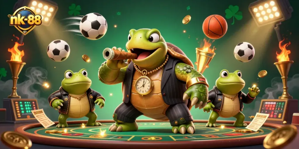 Win big at nk-88 casino featuring a cartoon turtle mobster and lively gaming action.
