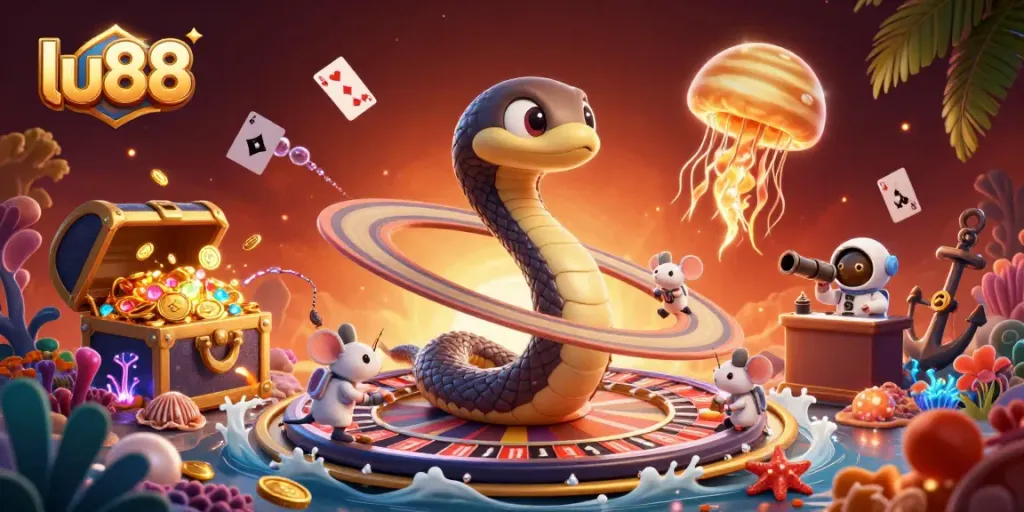 lu88 players enjoy a cosmic betting experience with a colorful roulette wheel and treasure.