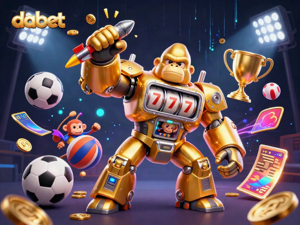 Dabet's 3D golden gorilla mech combines slot machine elements with sports excitement in a vibrant illustration.