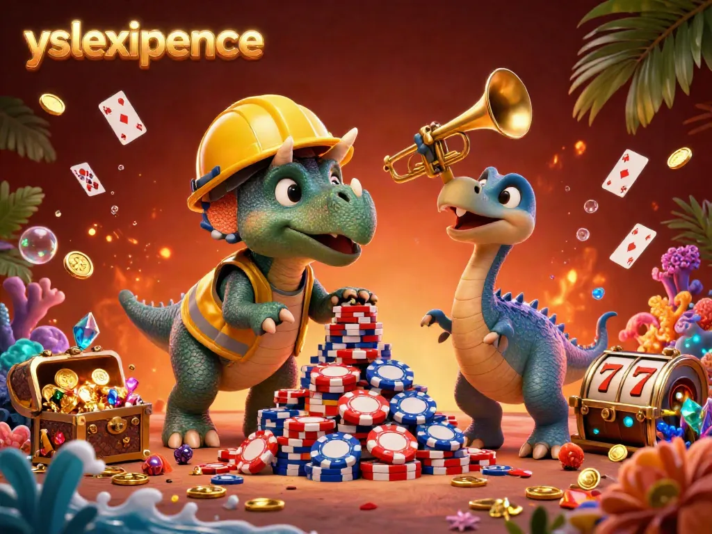 Engage in slots with yslexperience as a triceratops builds a poker chip pyramid amidst festive characters.