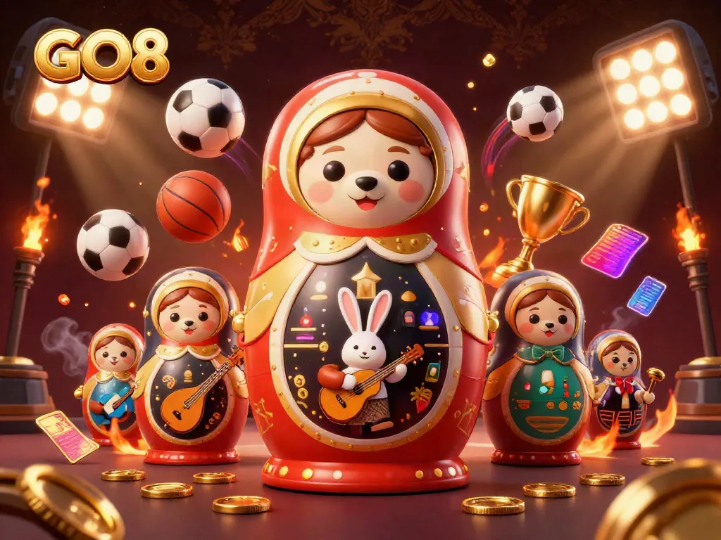 Experience the excitement of GO8 with a vibrant 3D illustration of casino elements and cheerful characters.