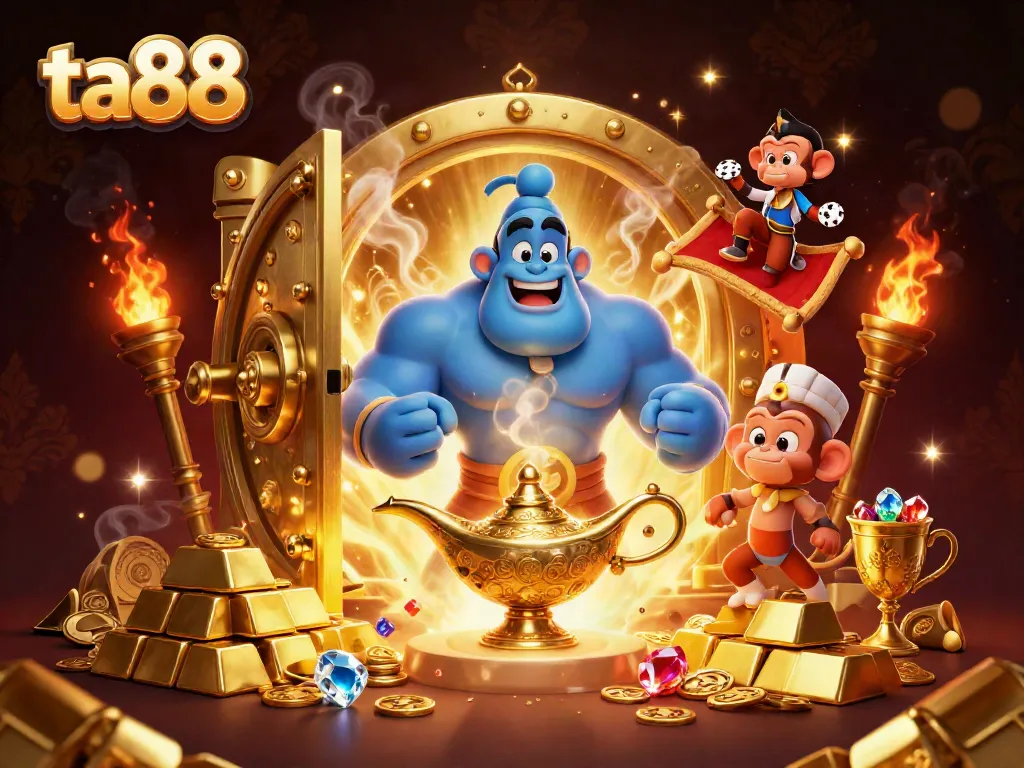 Experience magical wins with ta88 as a genie emerges from a lamp, surrounded by treasure and gaming elements.