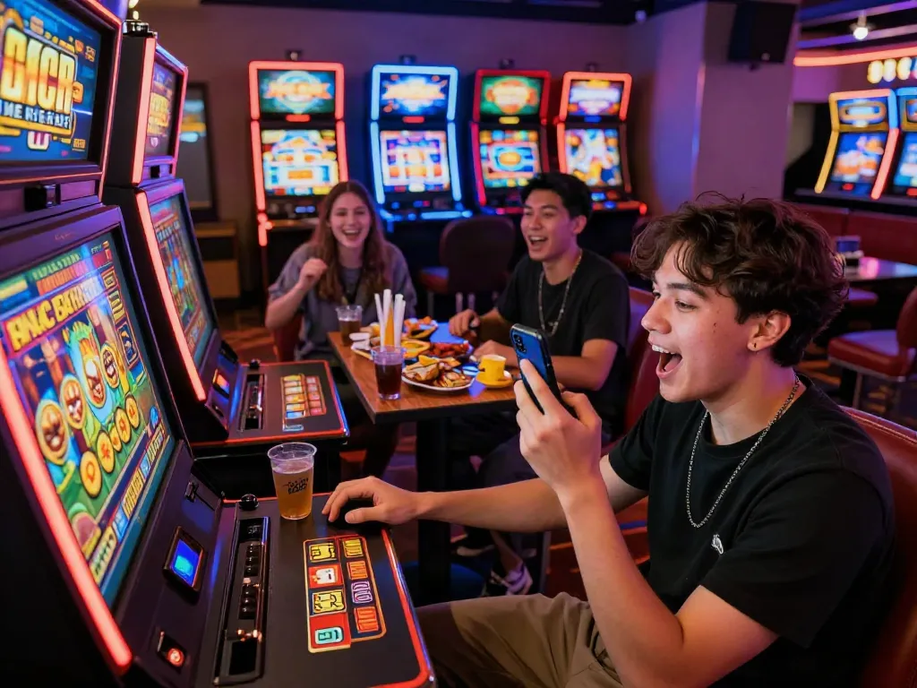 Friends enjoying a slot gacor session in a vibrant gaming environment with excitement and energy.