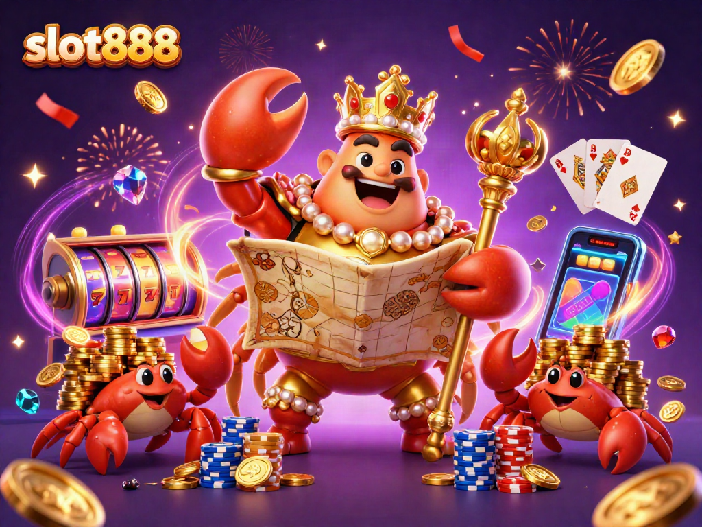 Slot888 menampilkan koin emas dan kartu royal flush yang bersinar, menciptakan suasana kasino yang meriah.