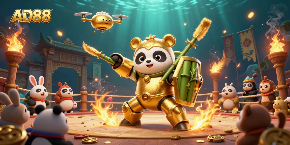 Engage with AD88's vibrant gambling scene featuring an entertaining panda and dynamic game action.