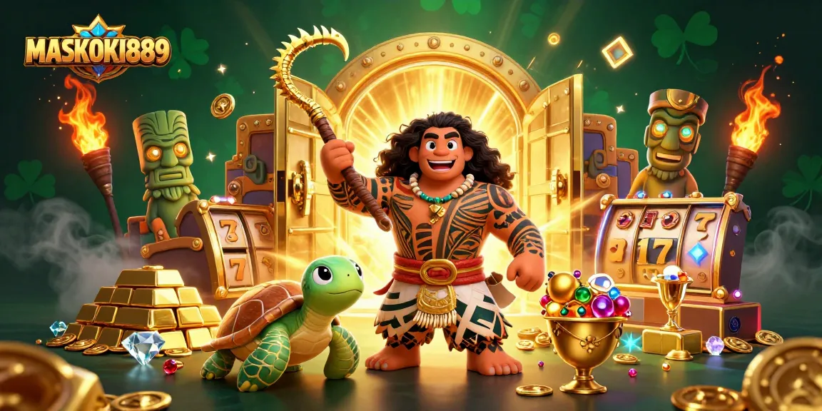 Experience exciting wins with MASKOKI889 at this vibrant online casino illustration featuring slot reels and treasure!