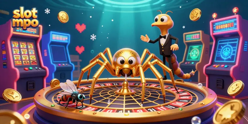 Experience exciting gameplay with the vibrant slot mpo scene featuring a spider and casino elements, spinning winning fortunes.