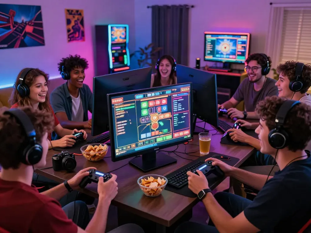 Akunjp online gaming scene with friends playing on a large screen, showcasing an exciting slot machine game.