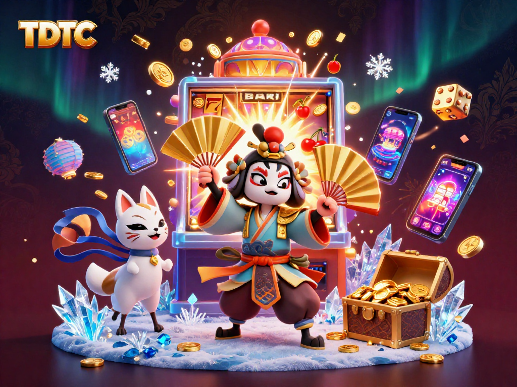 Engage with TDTC's vibrant casino scene featuring kabuki warriors and jackpot excitement.