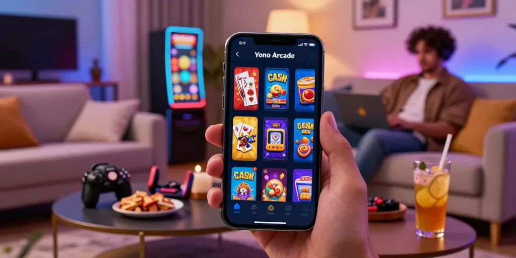 Engaging scene of a user enjoying the Yono Arcade mobile app in a cozy living room, surrounded by gaming icons and snacks.