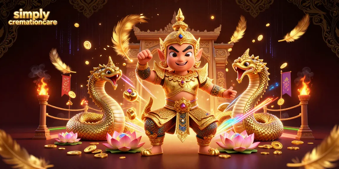 Simplycremationcare dazzles with 3D Thai guardian and Naga companions in a vibrant virtual gaming scene.