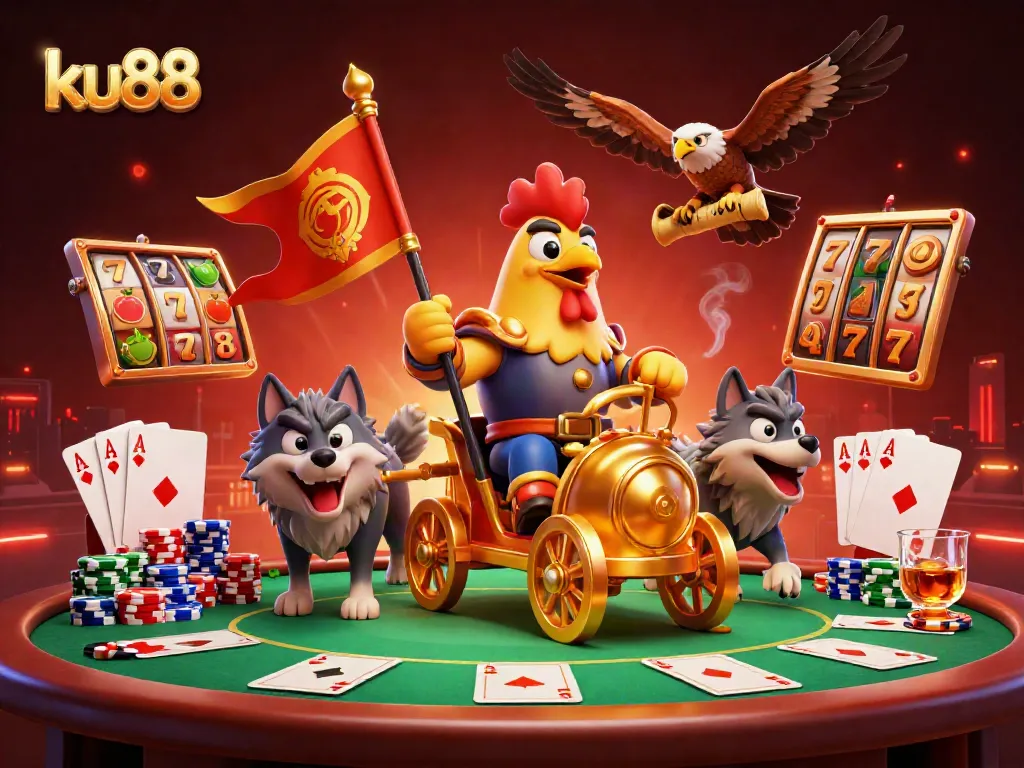 ku88 rooster warlord in a vibrant casino scene, showcasing dynamic poker action and energy