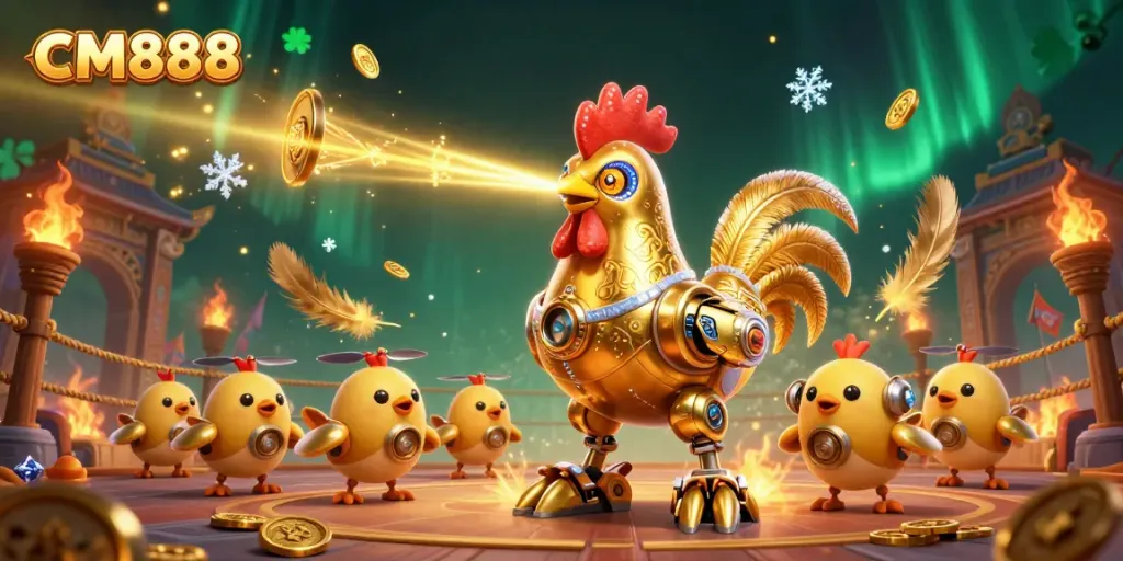 Engage with CM888's vibrant golden rooster robot, showcasing dynamic casino action.