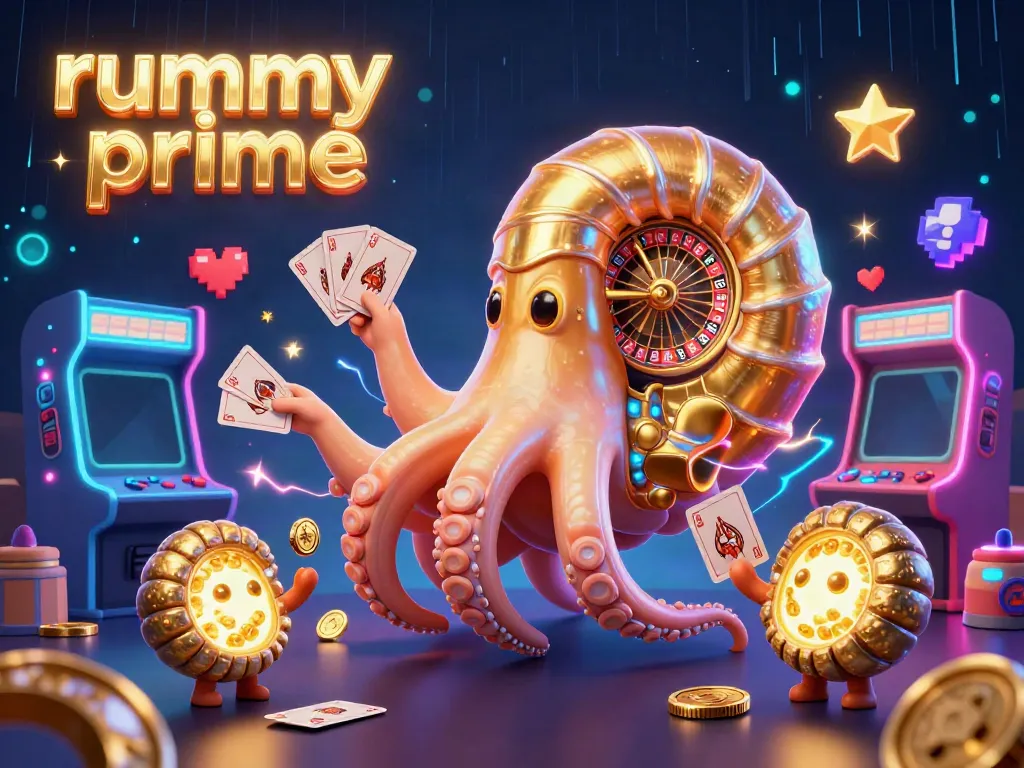 Engage with rummy prime as a giant nautilus holds cards amidst vibrant gaming elements and neon lights.