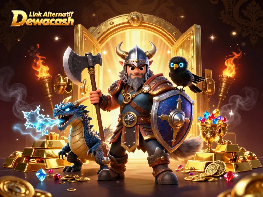 Engage with Link Alternatif Dewacash through a thrilling 3D casino adventure featuring a Viking wolf warrior.