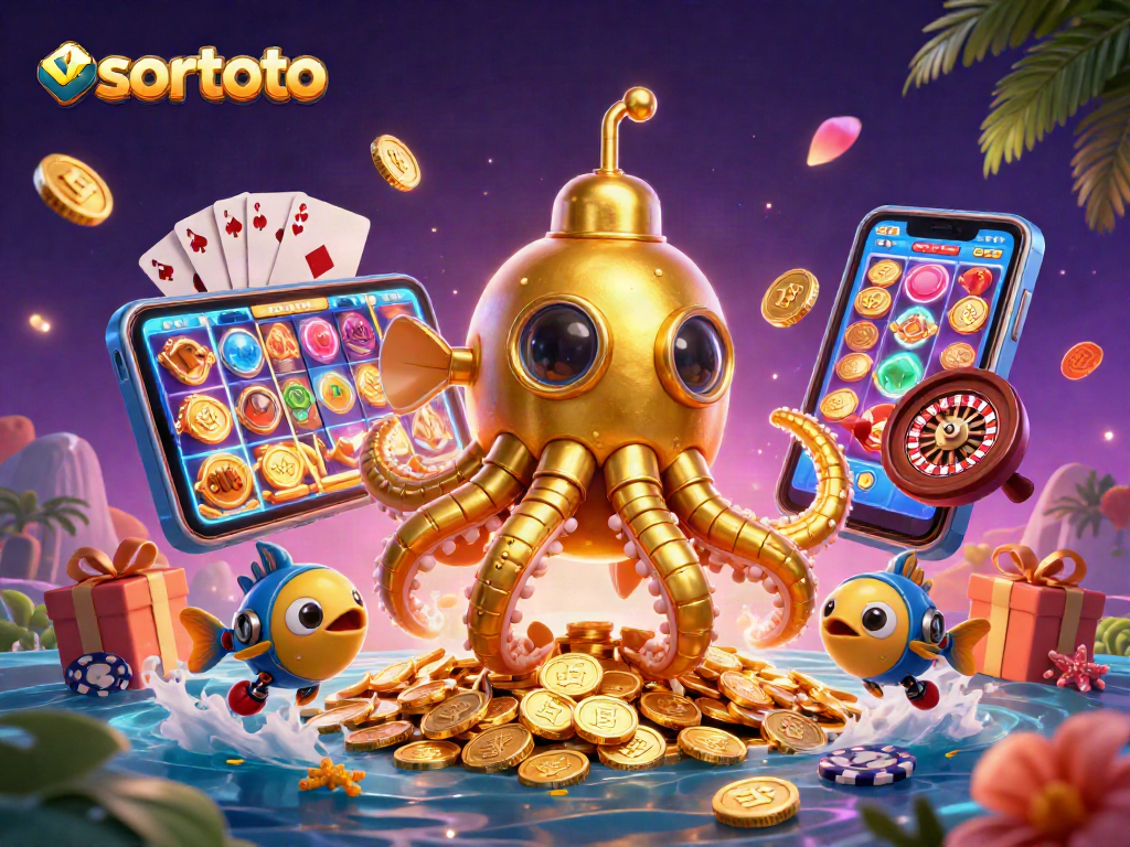 Sortoto menghadirkan suasana kasino dengan kraken emas dan banyak koin emas, menarik perhatian pemain.