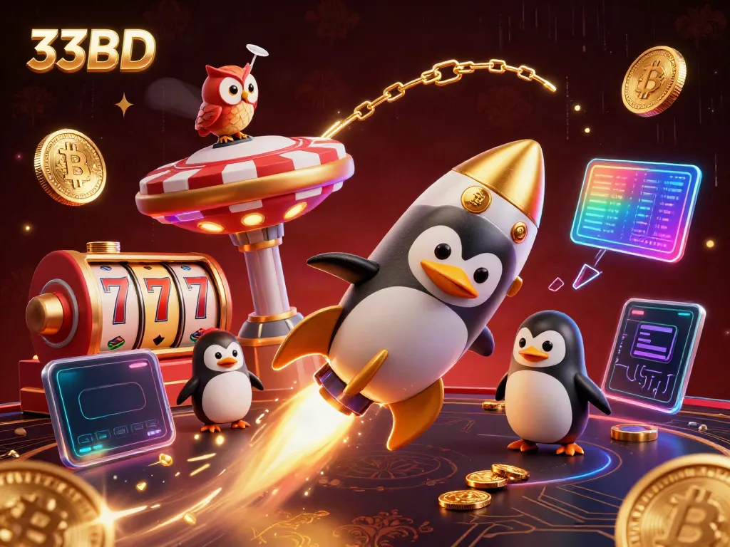 Experience action with 33BD: a golden penguin and poker chip casino in space.