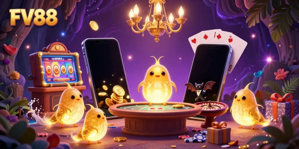 Engage with FV88's dynamic casino experience filled with glowworms lighting up games and a bat dealer.