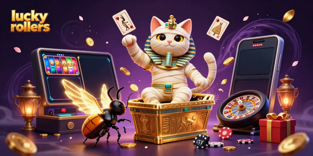 Engaging lucky rollers scene with a mummy cat, scarab, and casino gaming elements.